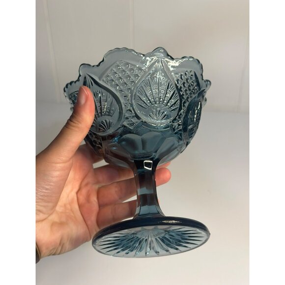 VTG Fenton Glass Compote Blue Dish Pedestal Candy Bowl with Fan Diamond Pattern - Picture 4 of 7